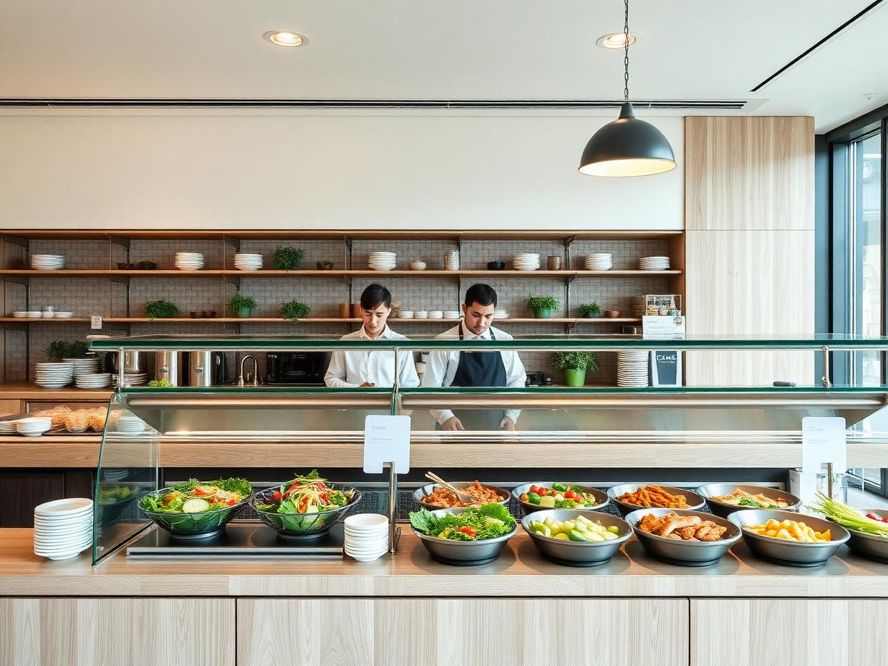 Medewerkers achter de uitgifte van een modern bedrijfsrestaurant tijdens de lunch