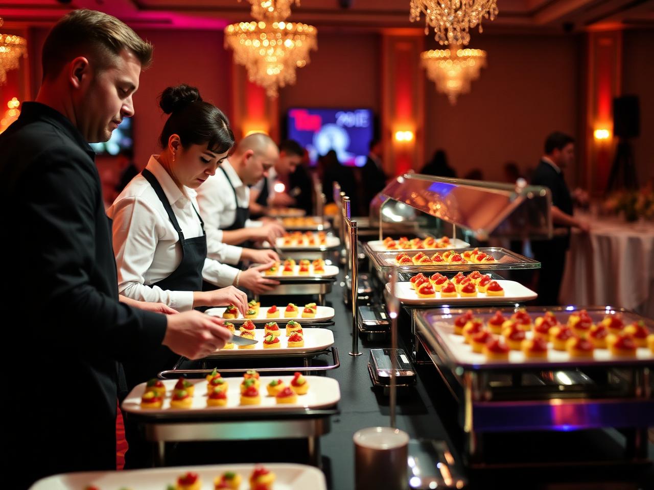 Cateringteam maakt een buffet gereed in een grote evenementenlocatie