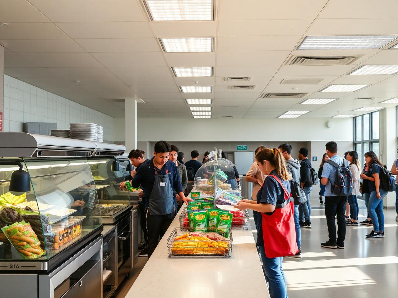 Cateringmedewerker vult de uitgifte aan in een drukke schoolkantine met studenten