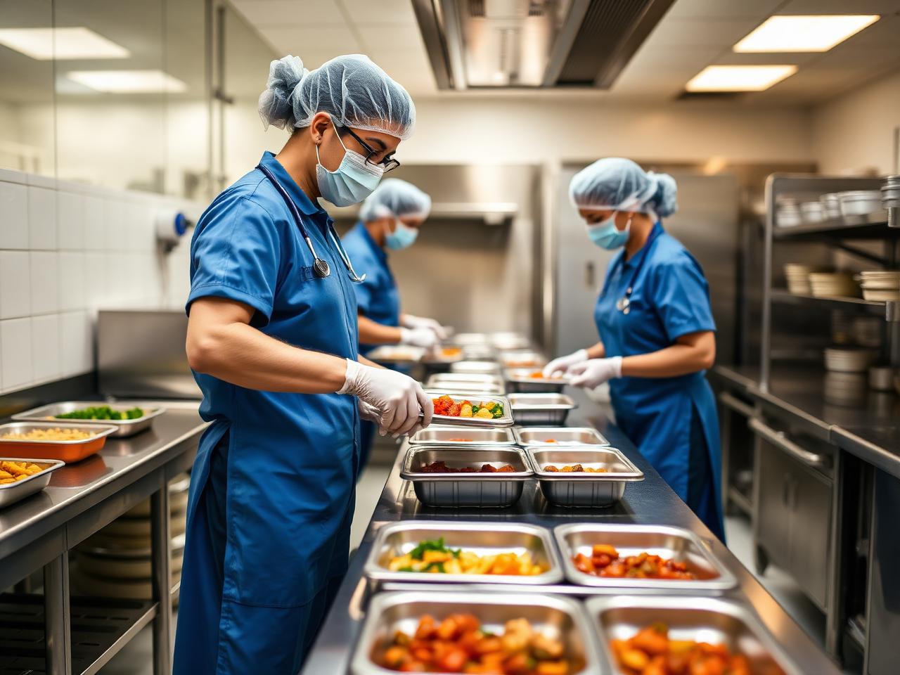 Cateringmedewerkers stellen maaltijden samen in de professionele keuken van een zorginstelling